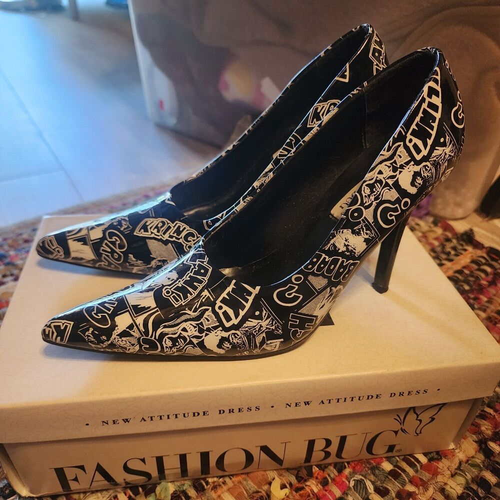 Fashion Bug Comic Book Black & White "BAM" FIGHT 3" Stiletto Heels Size 7